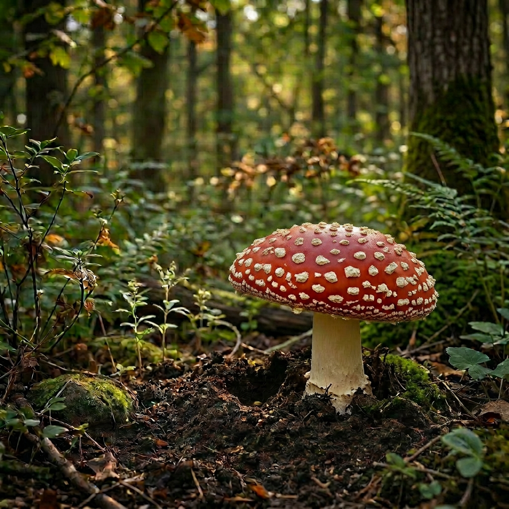 Red fly agaric mushroom with white spots growing from soil in a forest
